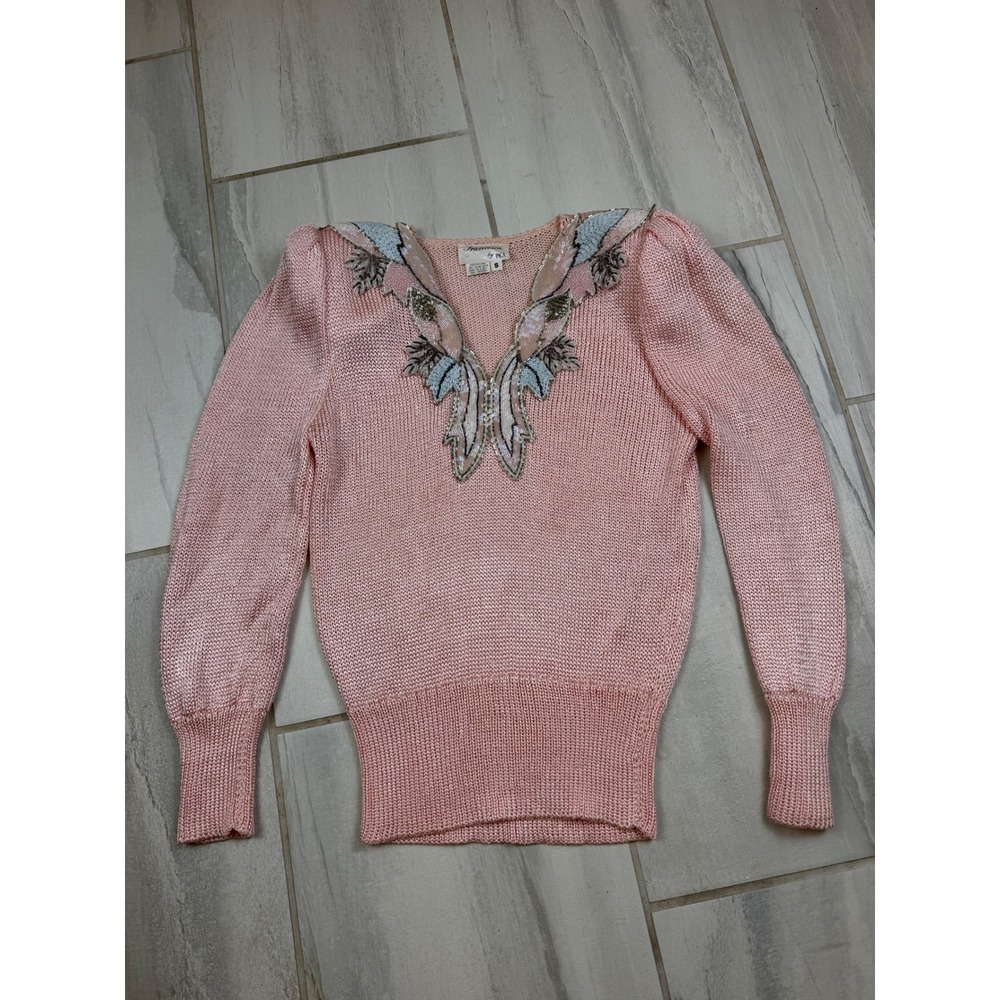 Francesca by PACA Vintage Pink Beaded‎ Sequin Knit Sweater Puff Shoulder Small